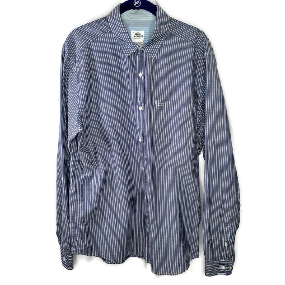 Men's Lacoste Slim Tailored Fit 42 / Large Button-up Gray White Stripe Shirt